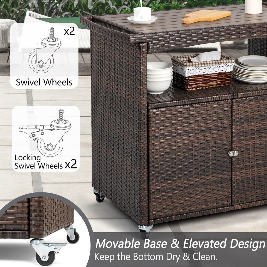 Outdoor Bar Cart with Storage Cabinet Patio Wicker Sideboard Buffet Cabinet Prep Table Outside Kitchen Serving Cart with Rolling Wheels & Handle Rattan Portable Bar Table with Shelves Doors Brown