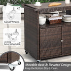 Outdoor Bar Cart with Storage Cabinet Patio Wicker Sideboard Buffet Cabinet Prep Table Outside Kitchen Serving Cart with Rolling Wheels & Handle Rattan Portable Bar Table with Shelves Doors Brown