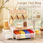 Tea Bag Organizer, Wood Tea Organizer and Storage Cheast, Tea Bag Holder with Storage Drawer, 4 Hooks for Tea Cups Holder, Tea Station Chest Display Container Box for Countertop Kitchen (White)