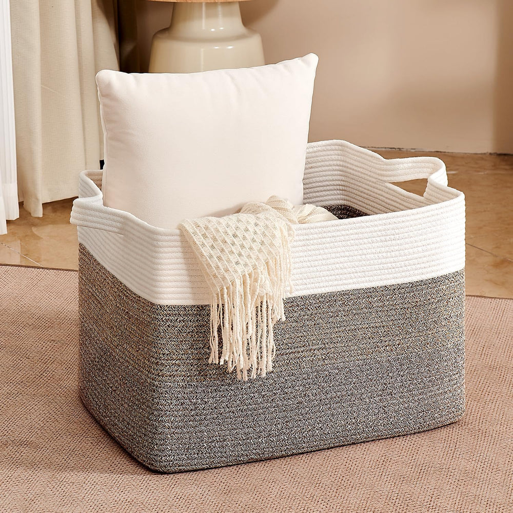 CLHMILY&Z Stylish Square Cotton Rope Storage Basket (Brown & White, 85L)