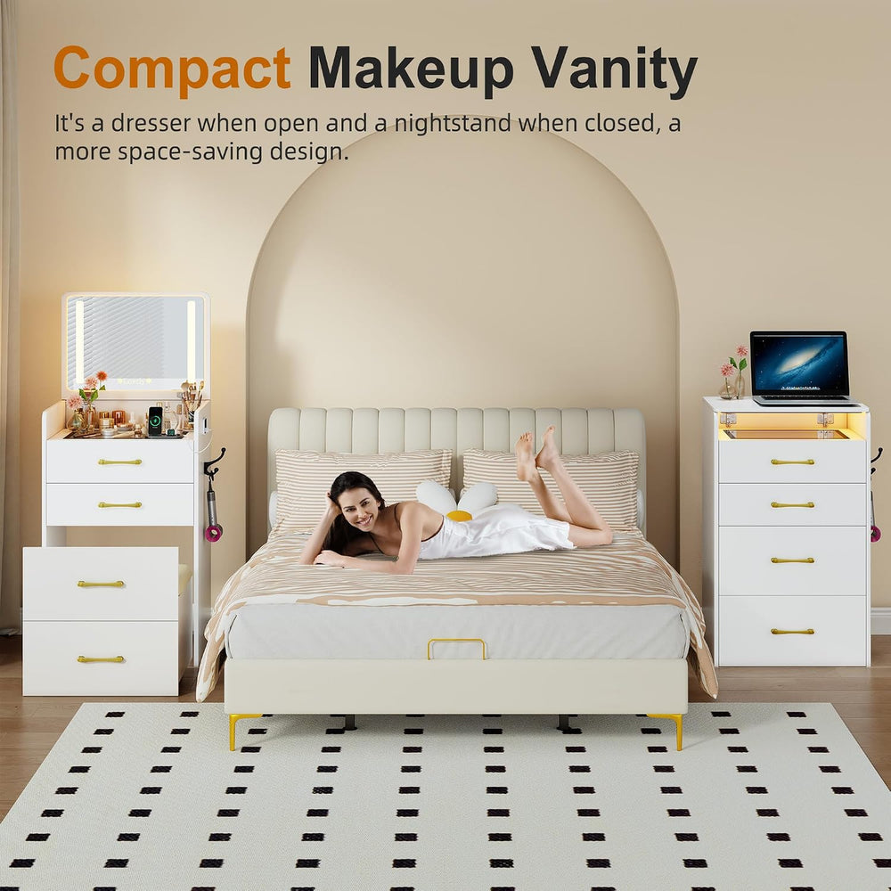 3 in 1 Vanity with Mirror and Sensor Lights,Charging Station,Pure White | Gla...