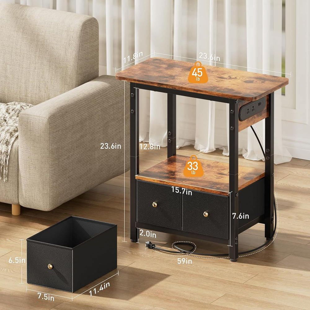 HLDIRECT 24" W End Table with Charging Station & USB Ports (Rustic B...
