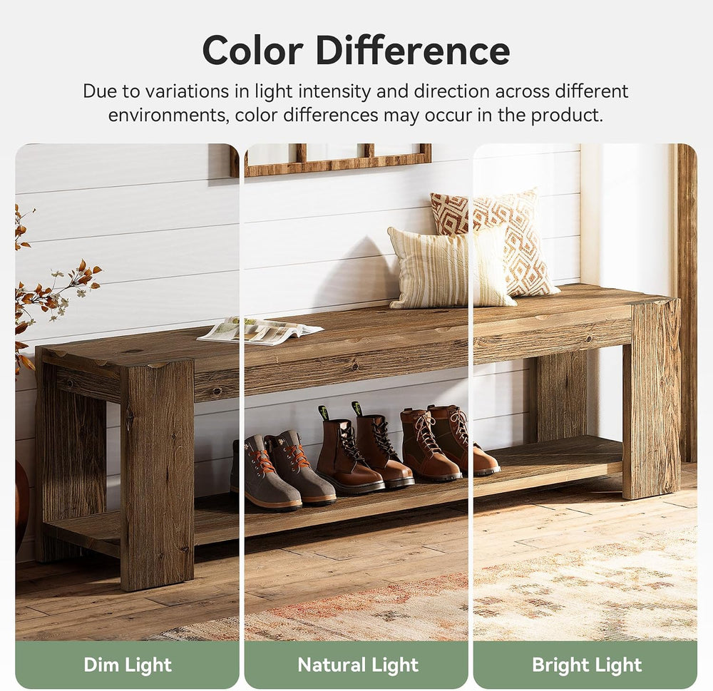 Solid Wood Entryway Bench with Storage Shelf, 55.12-Inch 2-Tier Wood Shoe Ben...
