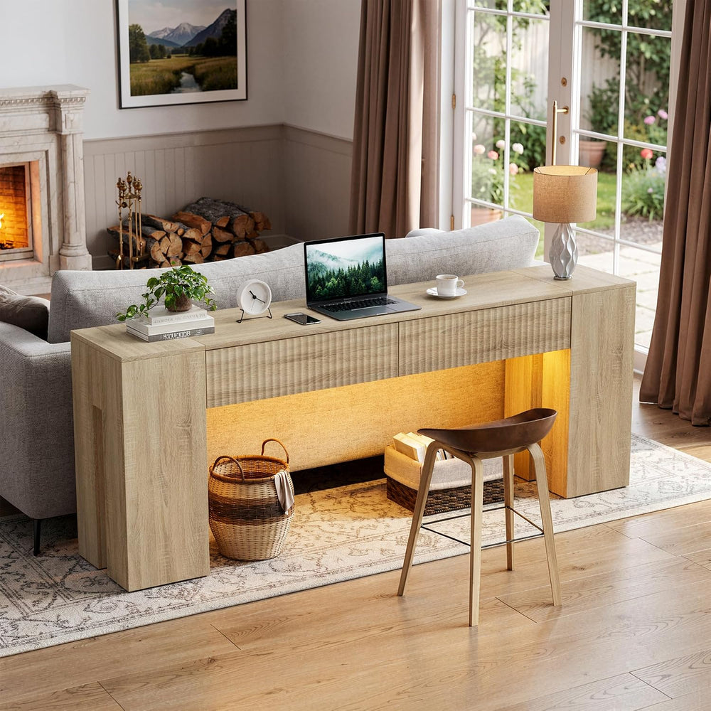 PAKASEPT 82.6 Inch Console Table with RGB LED Lights, Fluted Wood Entryway Ta...