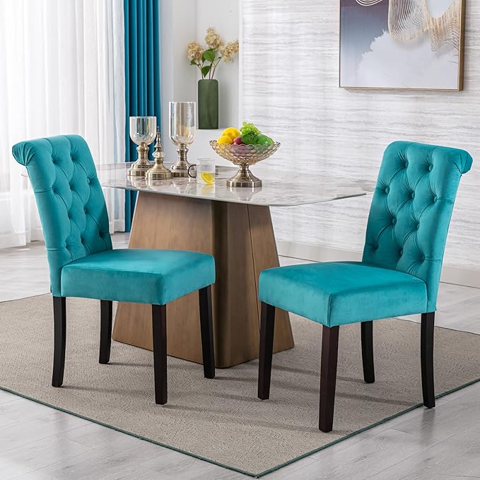 Farmhouse Dining Chairs Set of 2, Velvet Upholstered Kitchen Chairs, Comfy Side Parsons Chairs for Home/Restaurant/Bedroom/Living Room, Cyan Blue