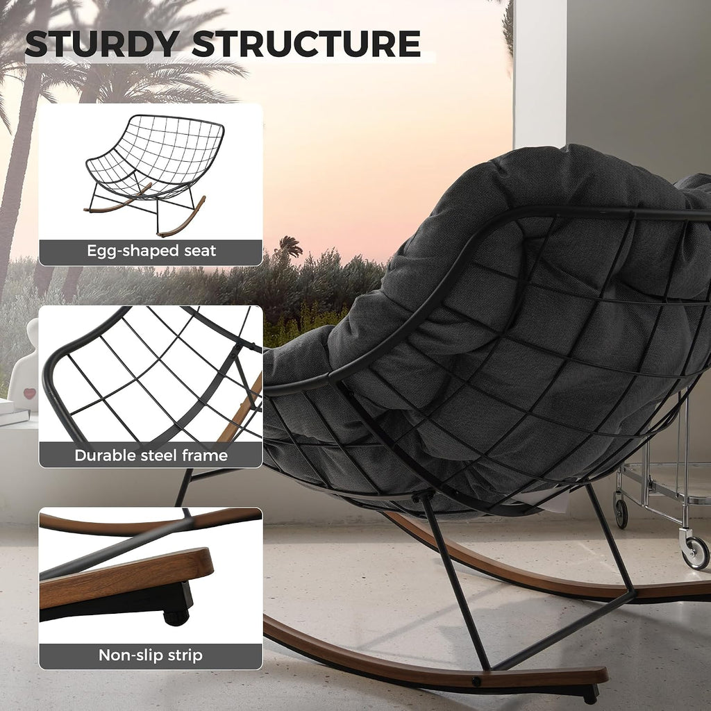 Grand patio Outdoor Rocking Chair, Oversized Papasan Rocking Chair with Thick Cushion, Indoor Outdoor Cozy Rocker for Balcony, Living Room, Patio, Gray