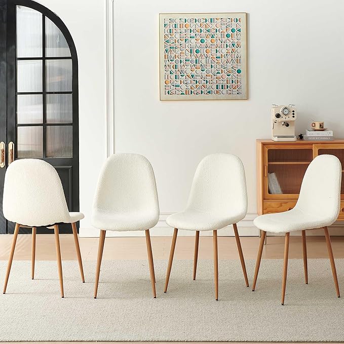 Dining Kitchen Chairs Set of 4, Modern Upholstered Living Room Chairs White Comfortable Teddy Fabric Bedroom Chairs, Space Saving Dining Side Chairs for Apartment, Restaurant
