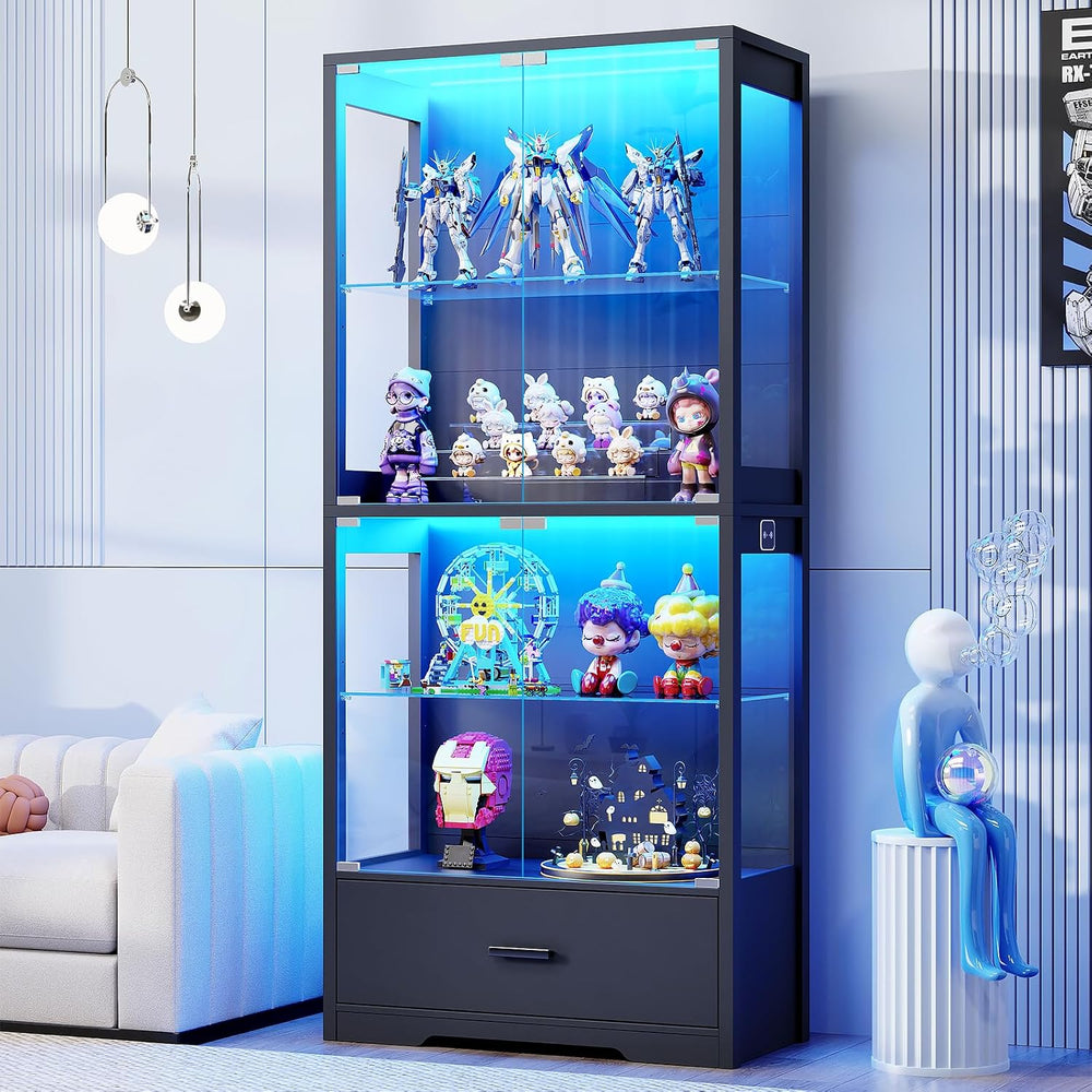 BROTTAR 4-Tier Display Cabinet with Glass Doors and Drawer for Collectibles