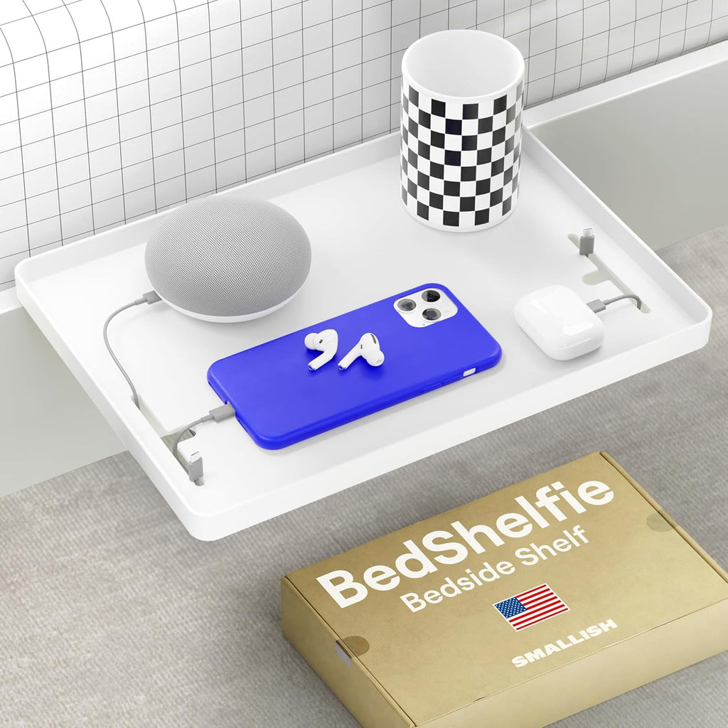 BedShelfie Bedside Shelf for Dorm Room Bunk Bed & Top Bunk, College Dorm Room Essentials, Bedside Caddy, Clip on Floating Desk Tray, Bed Side Table Storage, Loft Nightstand Decor - Cable Catch, White