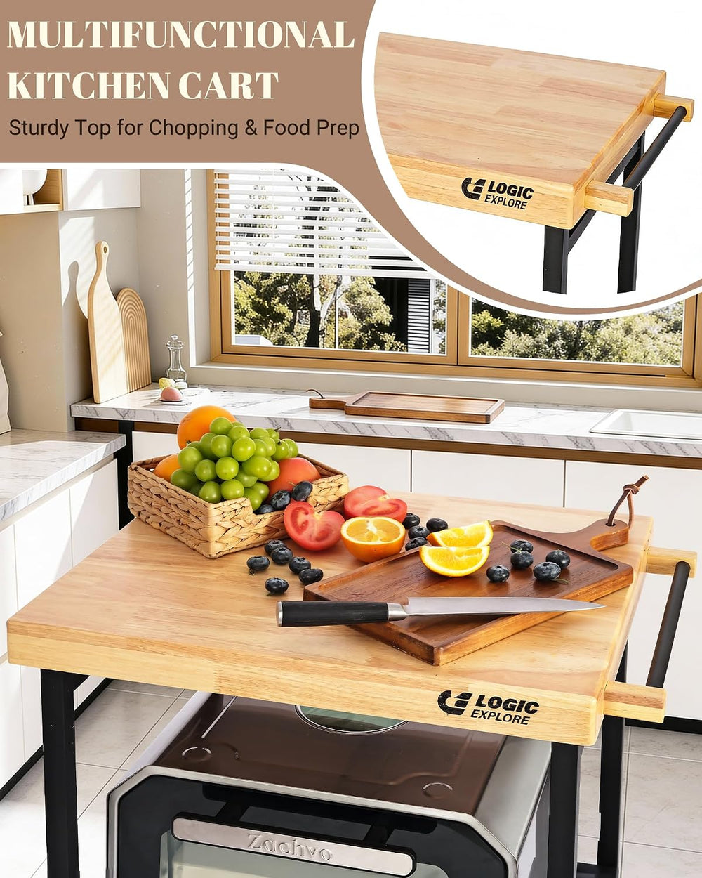 Foldable Kitchen Storage Cart, Solid Oak Top, Locking Wheels | Foldable 3-tie...