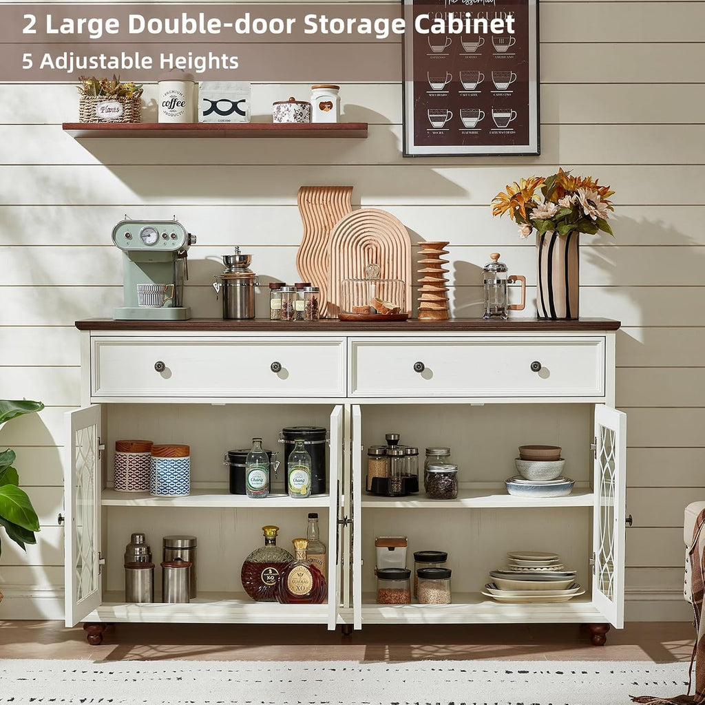 Joaxswe Large Sideboard Buffet Cabinet with Storage,59" Credenza with 4 Glass Doors & 2 Drawers,Adjustable Shelves Coffee Bar,Wood Kitchen Console Table for Dining Room,Living Room,Black