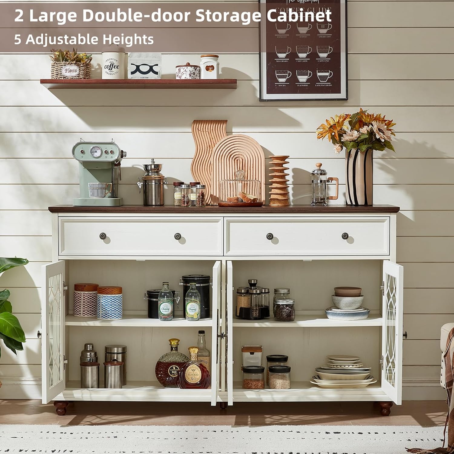 Joaxswe Large Sideboard Buffet Cabinet with Storage,59" Credenza with 4 Glass Doors & 2 Drawers,Adjustable Shelves Coffee Bar,Wood Kitchen Console Table for Dining Room,Living Room,Black