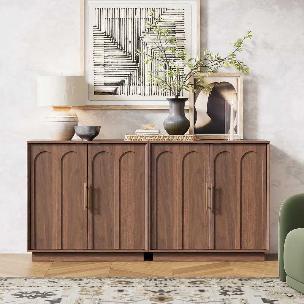 FORTUNETEC 31.5" Sideboard Buffet Cabinet with Storage, Walnut, 3pcs | Wood Modular Media Console, Mid Century Modern Credenza with Arched Doors for Living Room Kitchen Dining Room Entryway