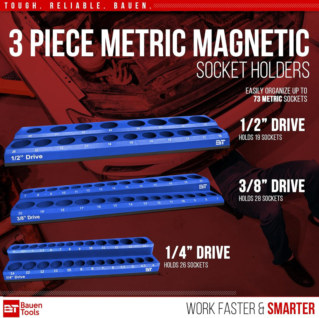 Magnetic Socket Organizer Set -3 Piece Metric Magnetic Socket Holder Set Blue - 1/2-inch, 3/8-inch & 1/4-inch Drive, Holds 75 Sockets, Professional Grade Socket Tray Organizer. NEW VERSION