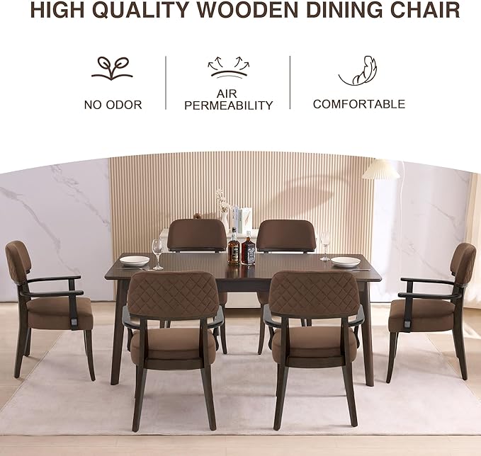 Modern Wood Dining Chairs with Arms Set of 6, Velvet Upholstered Kitchen Chairs with Open Curved Backrest & Black Hardwood Legs, Accent Chairs 350 LBS Capacity, Brown