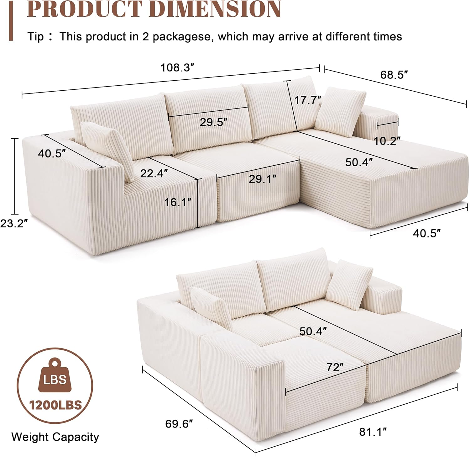 108" Boneless Couch with Chaise, Modular Sofa with Deep Seat, Beige | Deep Seat Modular Sectional Sofa for Living Room, Upholstered Corduroy Couch for Apartment, Convertible No Assembly Sofa