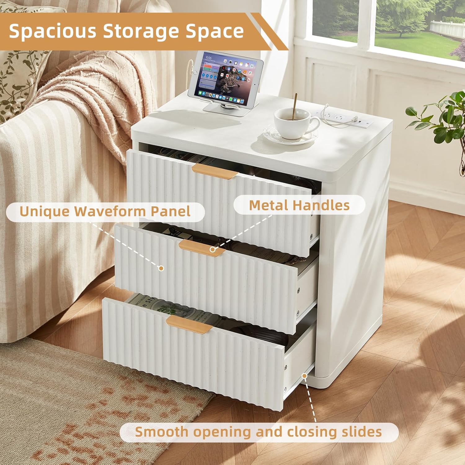LEYAOYAO 23" Wide Fluted Night Stand with Charging Station,3 Drawers Large End Table with Storage,White Nightstand Wood Bedside Tables, Farmhouse Cabinet Dresser for Bedroom,Closet
