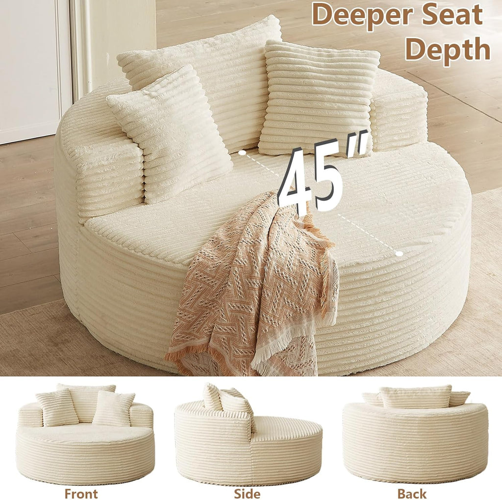 Lakifun Oversized Round Chair Lounge Chaise Indoor, Upholstered Corduroy Deep Seat Cloud Large Circle Sofa Chair, No Assembly Required, Fluffy Modern Sleeper Sofa Bed for Reading, Light White