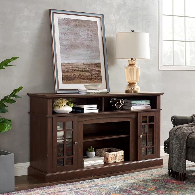 58" Farmhouse Entertainment Center: Espresso Wood TV Stand for 60 Inch TV | Rustic Tall TV Console for Living Room with Storage Cabinet and Adjustable Shelves