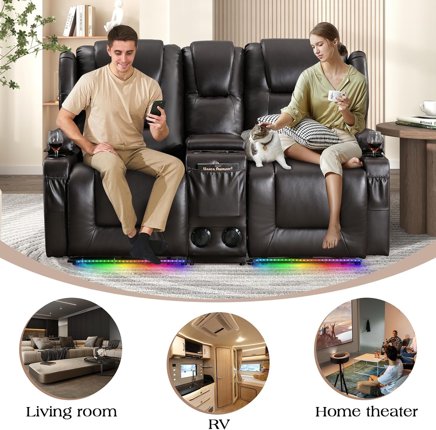 Loveseat Power Recliner Sofa Couch Electric Reclining Sofa Chair for Living Room with Multi-Function Console/Cup Holders/LED Ambient Light