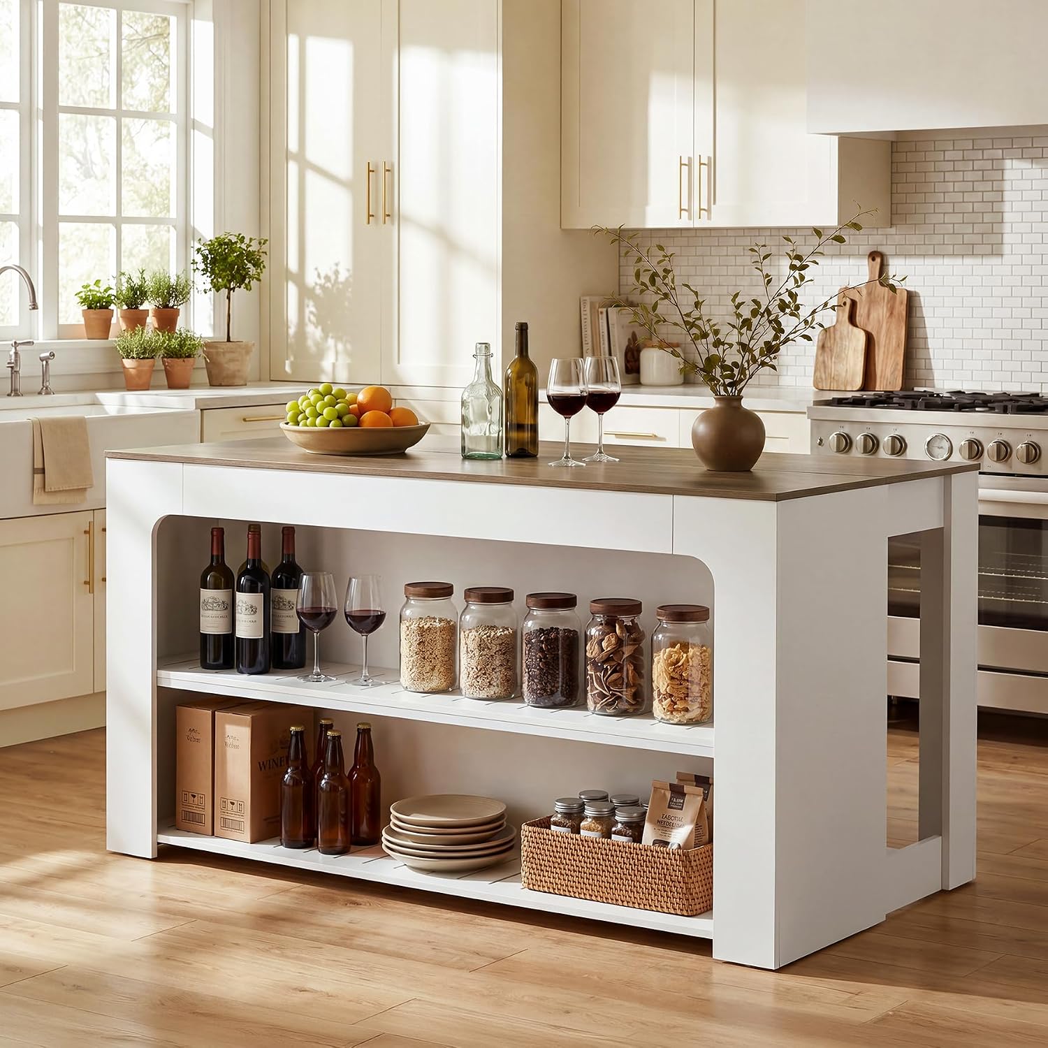 LITTLE TREE 55" Kitchen Island with Storage Shelves | 3-Tier Farmhouse Stationary Island Table with Extra Large Work Surface & Leg Room for Kitchen Dining Room (White and Brown)