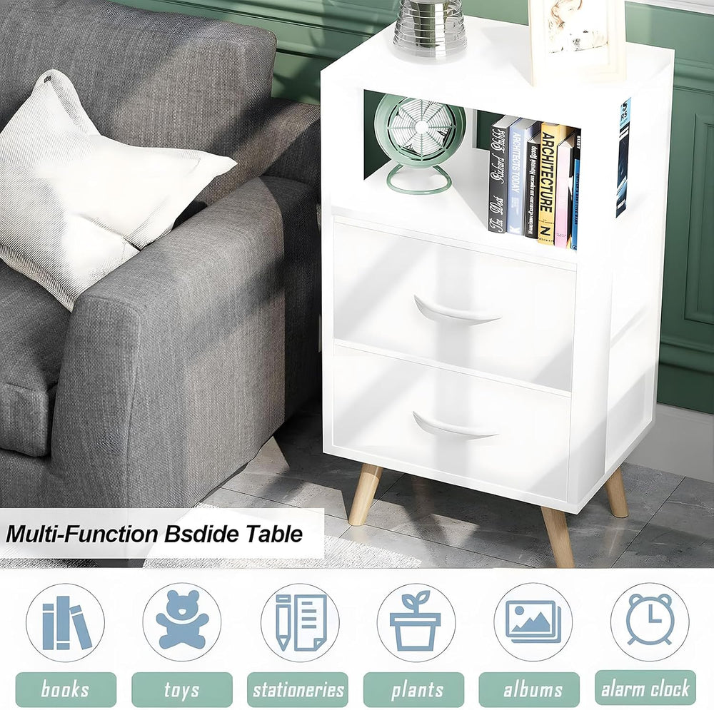 Aenuert Night Stand, White Nightstand with Fabric Drawers, Wooden Side Table ...