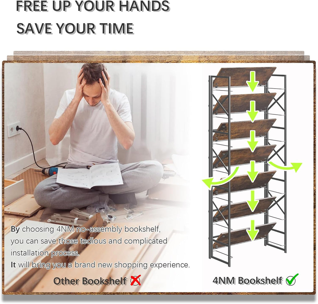 4NM 7 Tiers No Assembly Book Shelves, 72.4" H Folding Bookshelf Bookcase Open Industrial Foldable Shelves for Bedroom, Living Room, Home Office - Rustic Brown Black