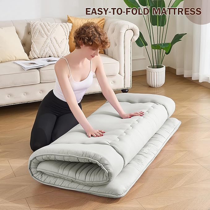 Japanese Floor Futon Mattress Full Size, 25D High Density Support Foam, 4" Thicken Foldable Mattress Tatami Mat Sleeping Pad Suitable for Camping, Guest Room, Light Grey 54"x 80"