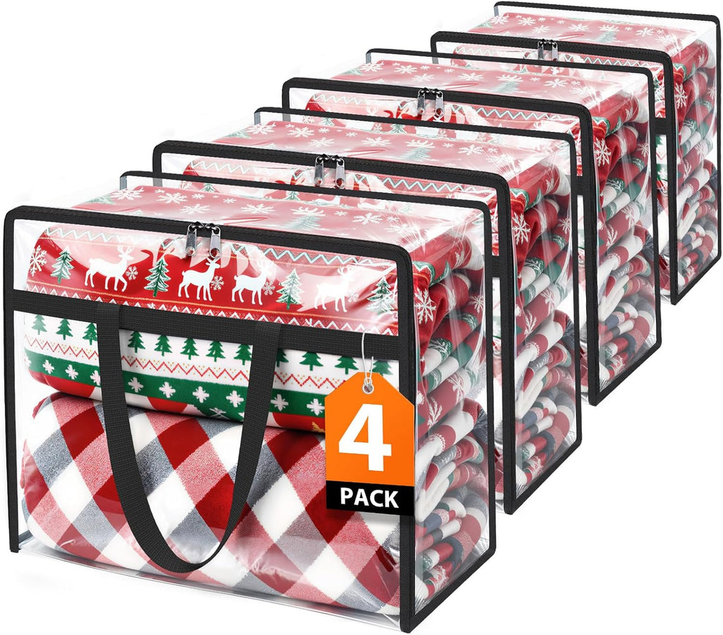 Clear Clothes Storage Bags, 4 Pack Closet Organizers and Under Bed Storage Containers, Foldable Moving Bags with Zippers for Comforter, Blanket, Bedding, Duvet, PVC Packing Bags 60L
