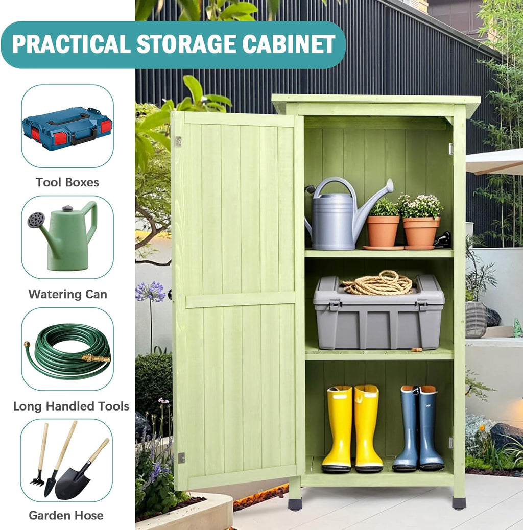 Wooden Outdoor Storage Cabinet, Vertical Garden Tool Shed with Waterproof Metal Roof & 2 Adjustable Shelves Ideal for Yard, Patio, Deck and Porch (Green, 20" x 24" x 48")