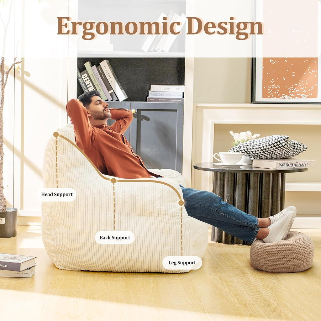 Jumbo Plush Bean Bag Chair for Adults with Head & Back Support - Extra Large Durable Tear-Resistant Fabric (Large)