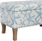 Linon Stephanie Cream and Light Blue Starfish Fully Upholstered Bench with Hidden Interior Storage