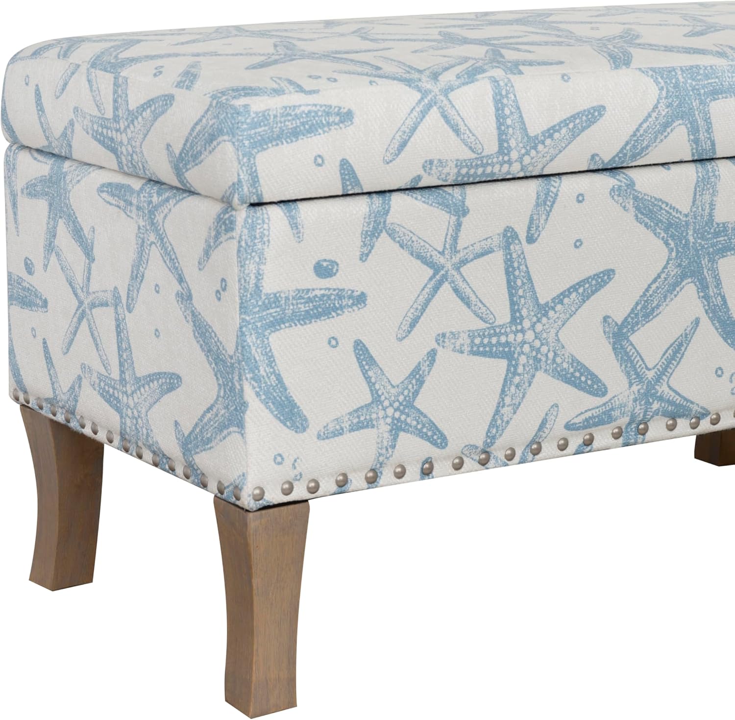 Linon Stephanie Cream and Light Blue Starfish Fully Upholstered Bench with Hidden Interior Storage
