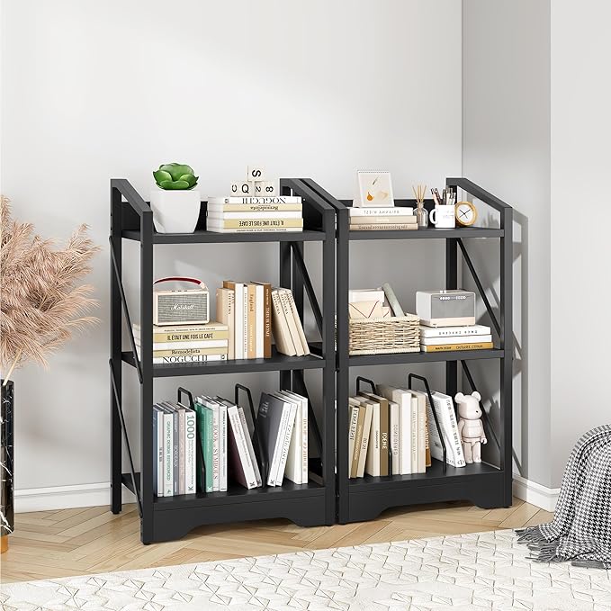 Vagusicc Bookshelf, 3 Tier Industrial Bookcase, Metal Small Bookcase, Rustic Open Book Shelf Storage Organizer for Living Room Bedroom Home Office, Small Bookshelf (Black)