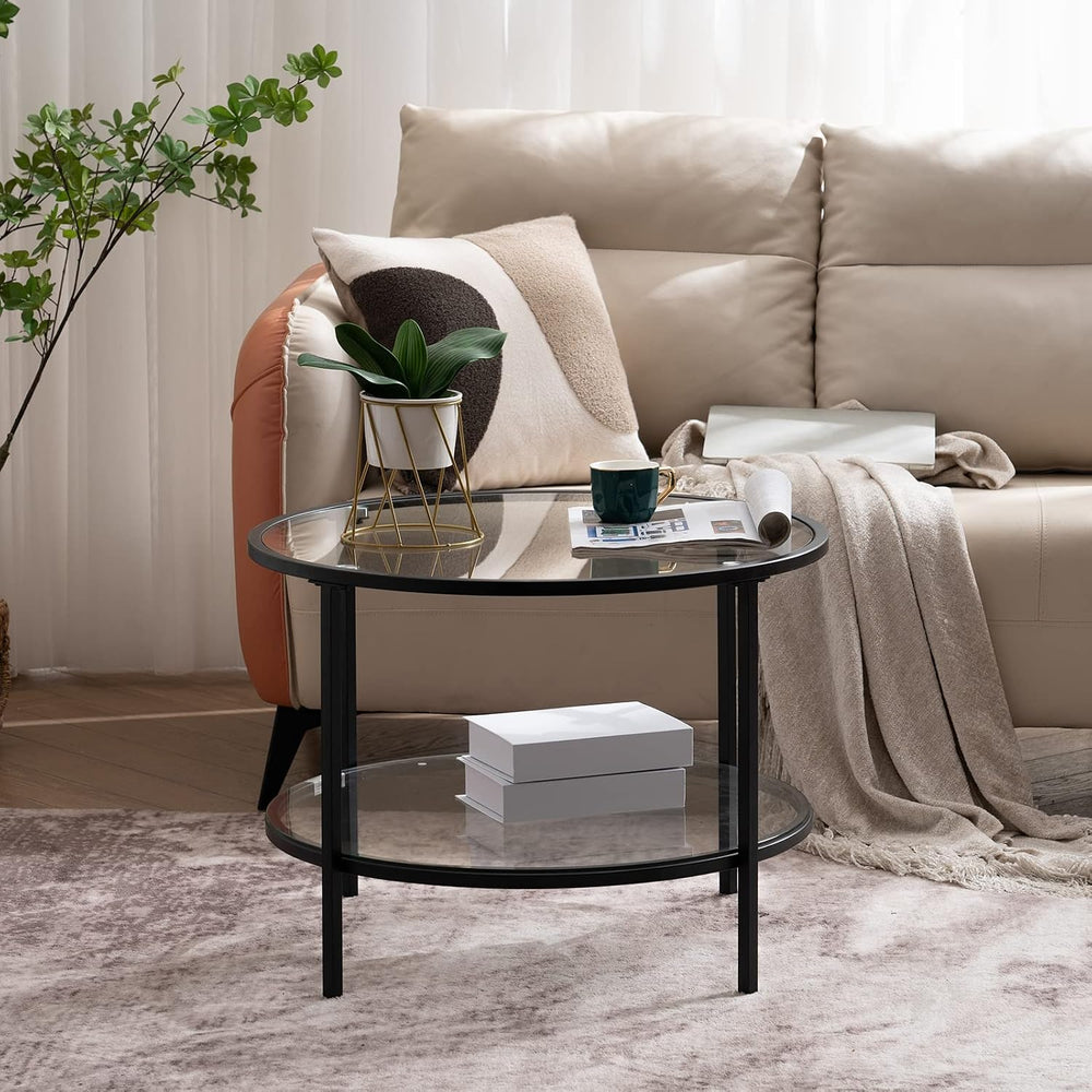 VINGLI 25.6" Glass Coffee Table, Round Coffee Tables for Living Room, Black