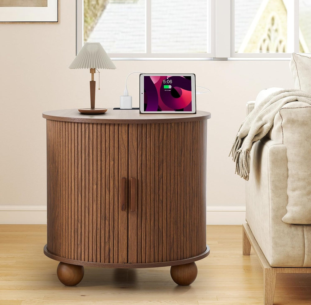 AVZEAR 24" Large Round End Table with Charging Station, Farmhouse Fluted...
