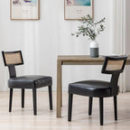 Rattan Dining Chairs Set of 2, Modern PU Leather Upholstered Kitchen Chairs, Wooden Dining Room Chair Farmhouse Dinner Chair with Black Wood Frame, Black