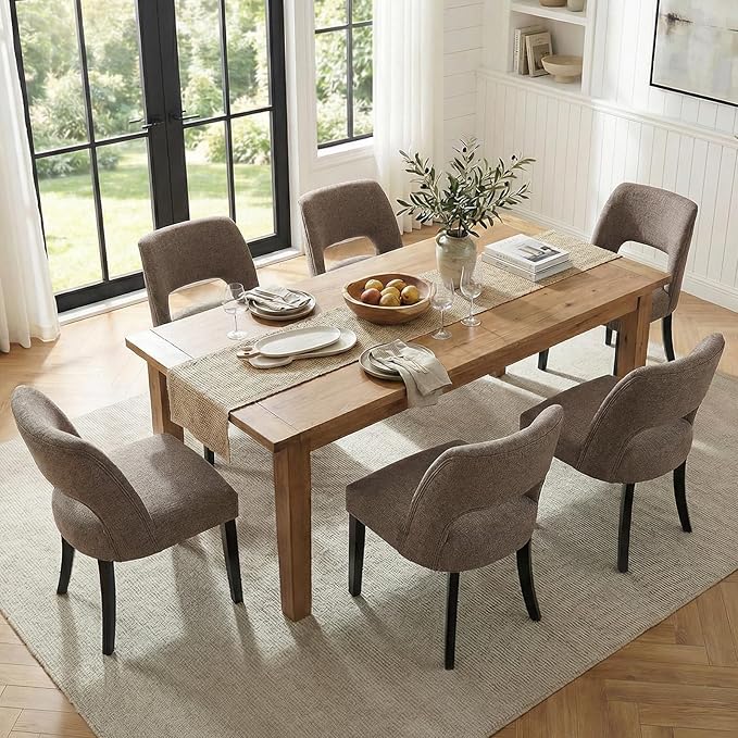 keoni Wooden Dining Chairs Set of 2, Mid Century Modern Upholstered Dining Room Chairs with Black Wood Legs, Fabric Farmhouse Kitchen Chairs with Foot Pegs for Dining Room, Brown