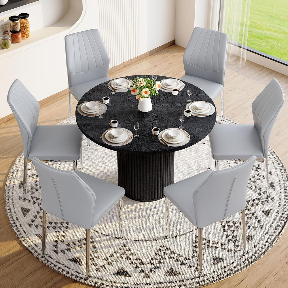Round Dining Table Set for 6, Black Kitchen Table Set for 6 with 42''...
