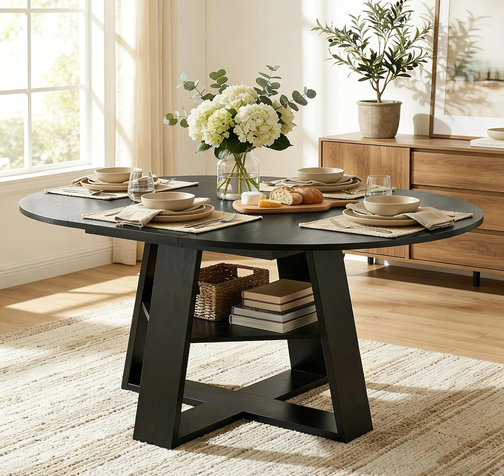 43.3"-59" Round Extendable Dining Table for 4-6 Modern Black Wood K...