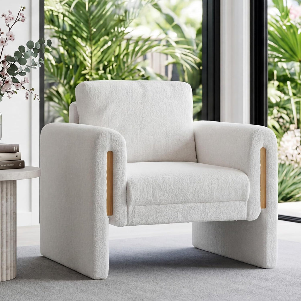 35" Wide Accent Chair, Modern Boucle Armchair with Extra Thick Cushion, Oversized Upholstered Single Sofa Reading Chair for Living Room, Bedroom, Office, Small Spaces (Cream White)