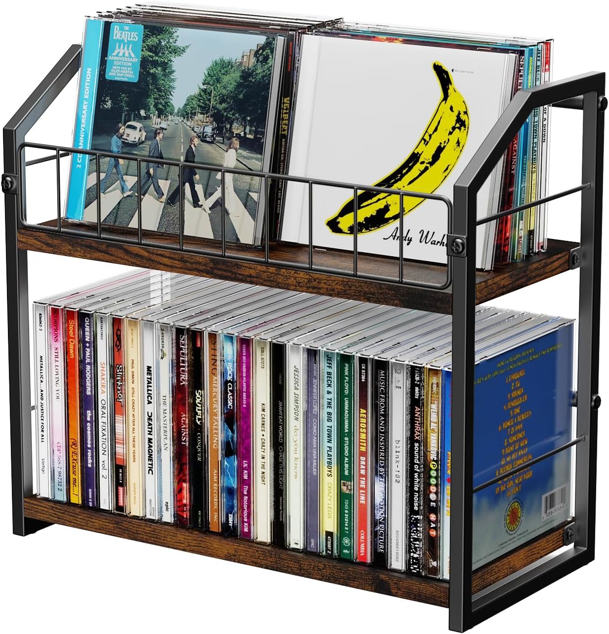 2-Tier CD Holder, Clear CD Storage Rack for Non-slip Feets, CD Organizer with Dispay Top Shelf, Premium CD shelf for Home Office, Holds Up to 60 Standard Rectangular Jewel Cases (Brown)