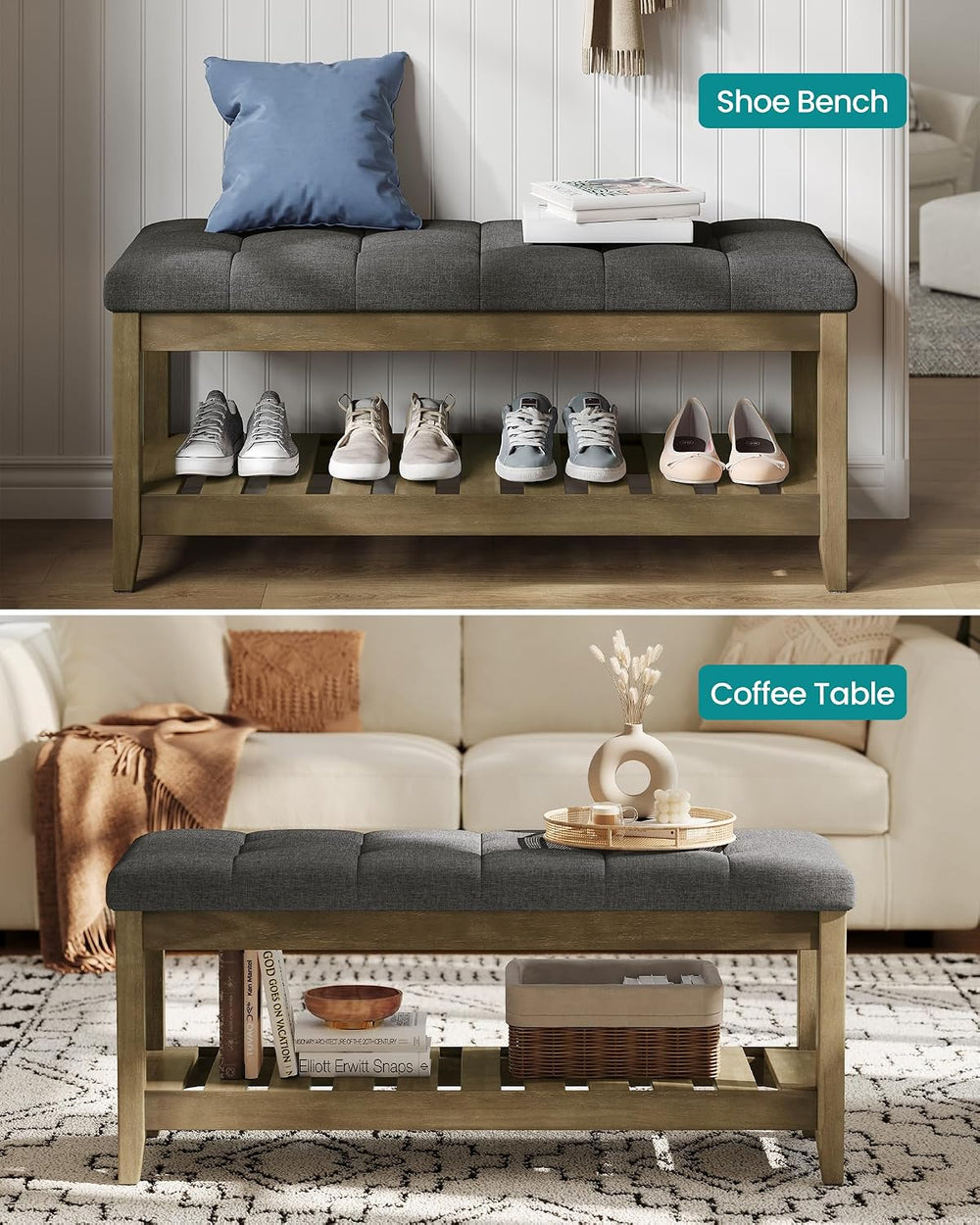 SONGMICS Storage Ottoman with Solid Wood Frame, 42.9 x 15.7 x 17.7 Inches | R...