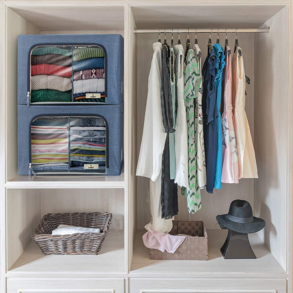 Sorbus Storage Bins with Divided Interior - Large Stackable & Foldable Organizer Containers with Metal Frame, Oxford Fabric, Large Window & Carry Handles - Organization for Bedroom, Linens & Clothes
