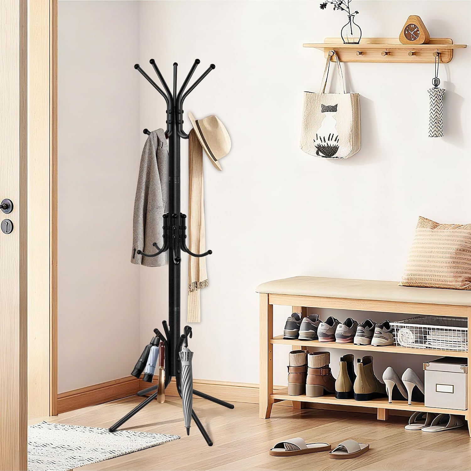 Metal Coat Rack, Freestanding Coat Tree & Hall Tree with 15 Hooks, Sturdy Coat Rack Stand and Hat Rack, Coat Hanger for Entryway, Bedroom, Office for Jackets, Hats, Bags,Black