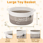 30L Woof Dog Toy Basket with Handles, Large Dog Toy Storage Bin with Paw Print, Woven Dog Basket for Blankets, Toys, Chews, Pet Toy Box for Nursery, Living Room, Bedroom, 17”x12”x9, Brown