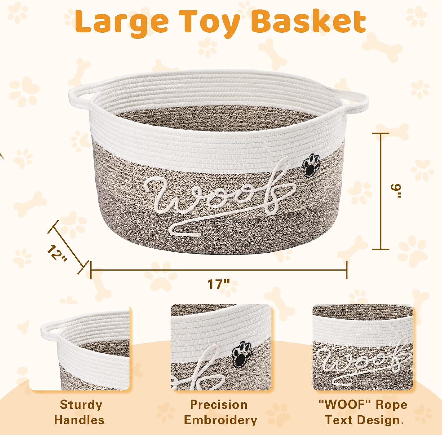 30L Woof Dog Toy Basket with Handles, Large Dog Toy Storage Bin with Paw Print, Woven Dog Basket for Blankets, Toys, Chews, Pet Toy Box for Nursery, Living Room, Bedroom, 17”x12”x9, Brown