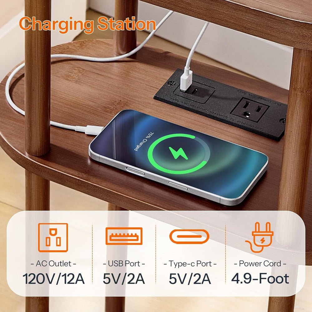 HOOBRO Small Narrow Side Table with Charging Station, 3-Tier Bamboo Narrow En...