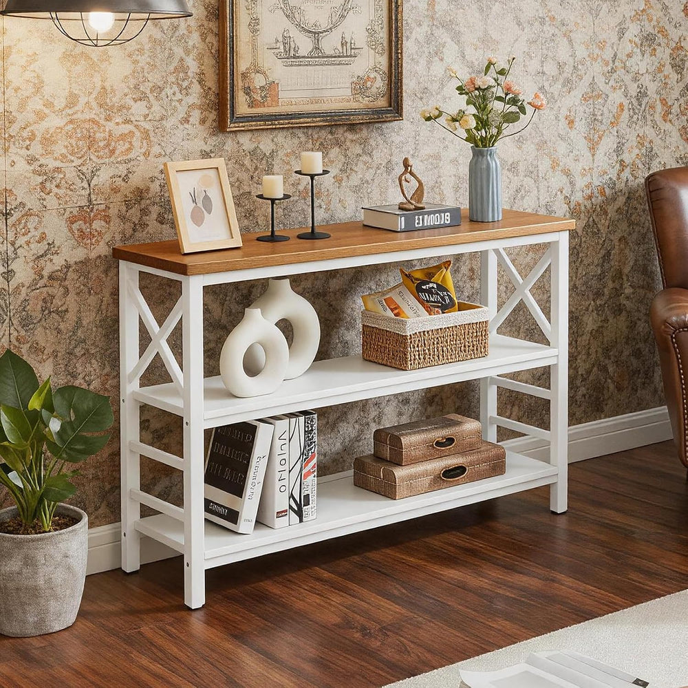 Hombazzar 3-Tier Sofa Table,Console Tables for Entryway,White & Brown 47&...
