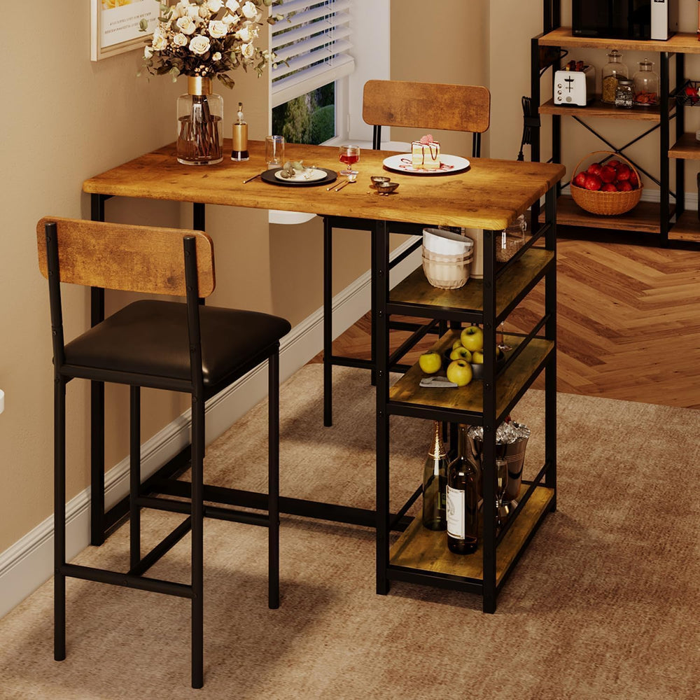 Bar Table and Chair Set with 3 Shelves, 2 Upholstered Stools, Vintage | Small...
